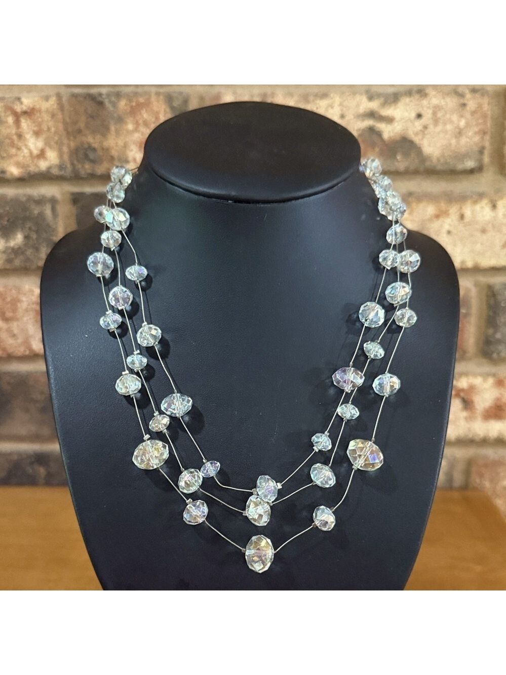 Vintage Clear Glass AB Beaded triple strand illusion necklace